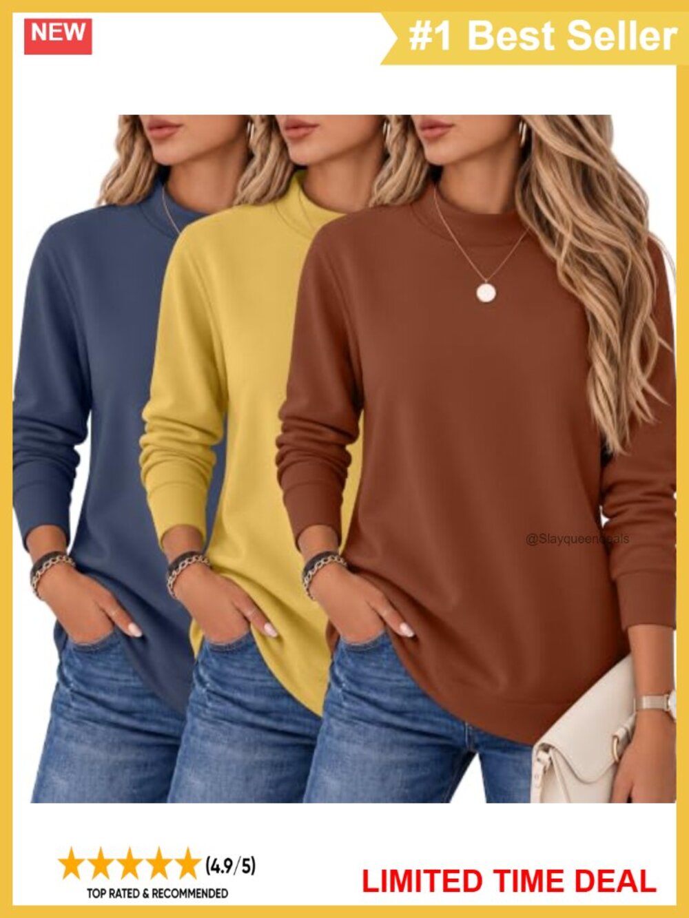 3 Pack Women's Mock Neck Sweatshirts Long Sleeve Cotton Tops